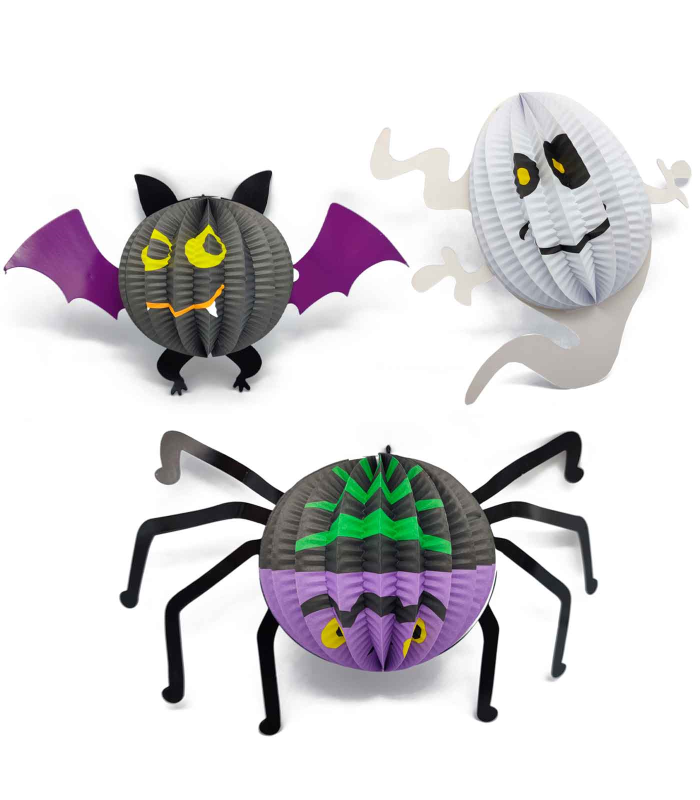 Tradineur - Pack de 3 figuras de Halloween - Fabricación en cartón - Murciélago, araña y fantasma - Ideal para la decoración en Halloween.