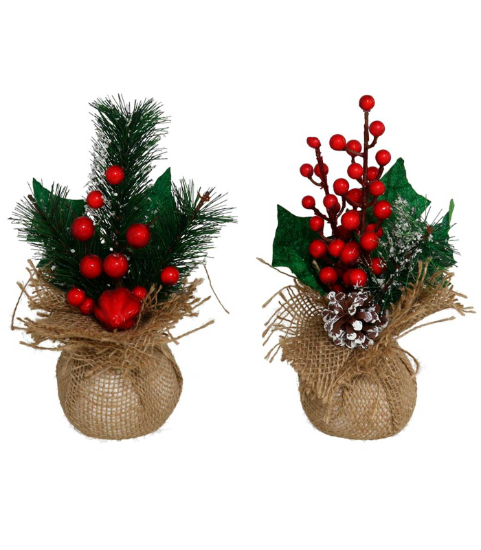 Tradineur - Pack de 2 ramilletes de acebo en maceta de yute, plástico, decoración festiva, adornos Navidad, sobremesa, estanterías, 23 x 8 cm