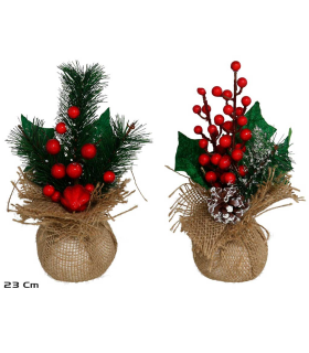 Tradineur - Pack de 2 ramilletes de acebo en maceta de yute, plástico, decoración festiva, adornos Navidad, sobremesa, estanterías, 23 x 8 cm