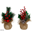 Tradineur - Pack de 2 ramilletes de acebo en maceta de yute, plástico, decoración festiva, adornos Navidad, sobremesa, estanterías, 23 x 8 cm