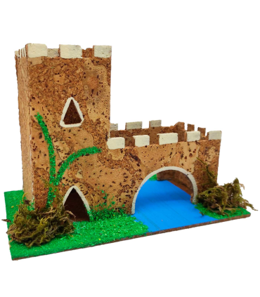 Tradineur - Castillo con río para Belén, corcho, edificio decorativo para nacimiento, pesebre, adorno artesano, Navidad, 11 x 15,4 x 8,8 cm