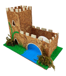 Tradineur - Castillo con río para Belén, corcho, edificio decorativo para nacimiento, pesebre, adorno artesano, Navidad, 11 x 15,4 x 8,8 cm