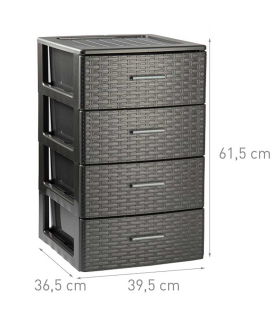 Tradineur - Cajonera de ordenación Rattan, plástico, 4 cajones, efecto mimbre, torre almacenaje, fabricada en España (Gris antracita - 61,5 x 39,5 x 36,5 cm)