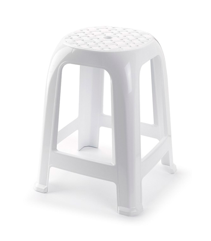 Tradineur - Taburete de plástico blanco con reposapiés, asiento de 26 x 26 cm, banqueta multiusos, cocina, salón, baño, hogar, 46,2 x 36,5 x 37 cm, modelo aleatorio