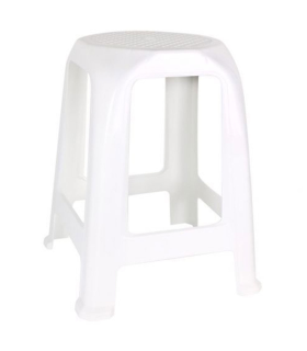 Tradineur - Taburete de plástico blanco con reposapiés, asiento de 26 x 26 cm, banqueta multiusos, cocina, salón, baño, hogar, 46,2 x 36,5 x 37 cm, modelo aleatorio