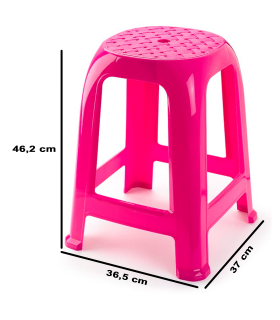 Tradineur - Taburete de plástico con reposapiés y asiento de 26 x 26 cm, banqueta multiusos, cocina, salón, baño, hogar, fabricado en España (Rosa, 46,2 x 36,5 x 37 cm)