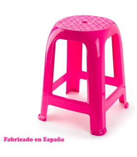 Tradineur - Taburete de plástico con reposapiés y asiento de 26 x 26 cm, banqueta multiusos, cocina, salón, baño, hogar, fabricado en España (Rosa, 46,2 x 36,5 x 37 cm)