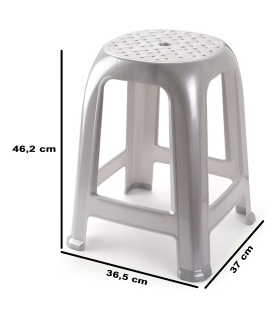 Tradineur - Taburete de plástico, asiento de 26 x 26 cm y reposapiés, banqueta multiusos, cocina, salón, baño, hogar, fabricado en España (Plata, 46,2 x 36,5 x 37 cm)