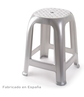 Tradineur - Taburete de plástico, asiento de 26 x 26 cm y reposapiés, banqueta multiusos, cocina, salón, baño, hogar, fabricado en España (Plata, 46,2 x 36,5 x 37 cm)