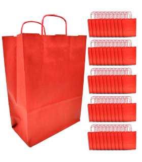 Tradineur - Pack de 50 bolsa Kraft "M" - Ideal para guardar tus regalos de navidad, fin de años o año nuevo - 27 x 37 cm - Color Rojo