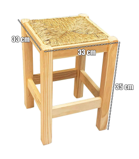 Tradineur - Taburete cuadrado de madera con asiento de rafia - banqueta con reposapiés y asiento de fibra natural para restaurante - 35 x 33 x 33 cm