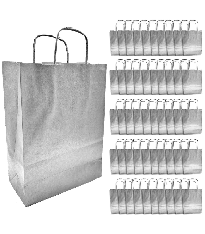 Tradineur - Pack de 50 bolsa Kraft "M" - Ideal para guardar tus regalos de navidad, fin de años o año nuevo - 27 x 37 cm - Color Plata