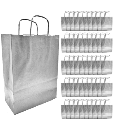 Tradineur - Pack de 50 bolsa Kraft "M" - Ideal para guardar tus regalos de navidad, fin de años o año nuevo - 27 x 37 cm - Color Plata