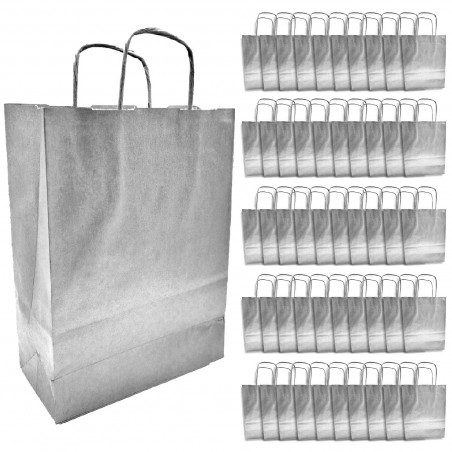 Tradineur - Pack de 50 bolsa Kraft "M" - Ideal para guardar tus regalos, fin de año, año nuevo, Navidad - 27 x 37 cm - Color Pla