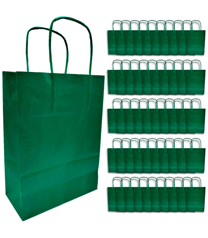 Tradineur - Pack de 50 bolsa Kraft "L" - Ideal para guardar tus regalos de navidad, fin de año o año nuevo - 32 x 40 cm - Color Verde