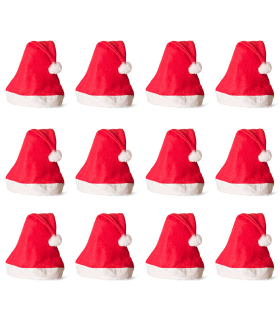 Tradineur - Pack de 12 gorros de Papá Noel para niños, poliéster, accesorio navideño, sombrero, Navidad, fiestas, carnaval (Talla infantil, 25 x 36 cm)