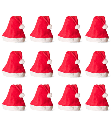 Tradineur - Pack de 12 gorros de Papá Noel para niños, poliéster, accesorio navideño, sombrero, Navidad, fiestas, carnaval (Talla infantil, 25 x 36 cm)