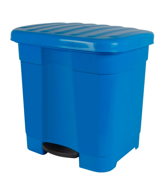 Tradineur - Cubo de basura azul con pedal 46 litros plástico 45,5 x 43,5 x 39 cm. Contenedor de basura, papelera con separador para colocar dos bolsas,  fabricado en España