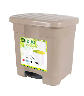 Tradineur - Cubo de basura color topo con pedal 46 litros plástico 45,5 x 43,5 x 39 cm. Contenedor de basura, papelera con separador para colocar dos bolsas, fabricado en España