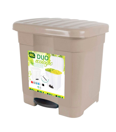 Tradineur - Cubo de basura color topo con pedal 46 litros plástico 45,5 x 43,5 x 39 cm. Contenedor de basura, papelera con separador para colocar dos bolsas, fabricado en España