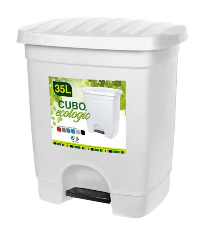 Tradineur - Cubo de basura de plástico con pedal, 1 compartimento, contenedor de residuos, papelera, cocina, fabricado en España (Blanco, 35 litros, 45 x 39 x 31 cm)