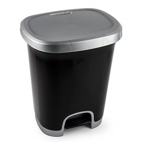 Tradineur - Cubo de basura con pedal - Fabricado en Plástico - Capacidad de 27 Litros - 45 x 38 x 32 cm - Color Negro y Plata -