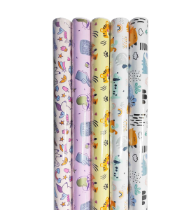 Tradineur - Pack de 5 rollos de papel de regalo Infantil, láminas para envolver regalos de cumpleaños, Navidad, 70 x 200 cm, diseños aleatorios