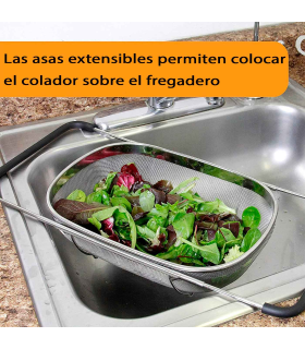 Quttin - Escurridor de acero inoxidable para fregadero, incluye asas extensibles y malla fina, colador para verduras, pasta, 33,5 x 24 x 10,5 cm