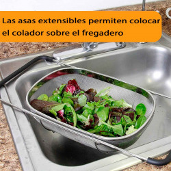 Tradineur - Escurridor de acero inoxidable para fregadero, incluye asas extensibles y malla fina, colador para verduras, pasta,