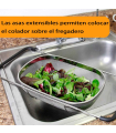 Quttin - Escurridor de acero inoxidable para fregadero, incluye asas extensibles y malla fina, colador para verduras, pasta, 33,5 x 24 x 10,5 cm