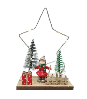 Tradineur - Figura navideña con luces LED, estrella o pino luminoso, madera, resina y metal, funcionamiento con pilas, decoración festiva, adornos Navidad, sobremesa, 16 x 11 cm, modelo aleatorio