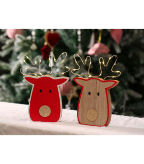 Tradineur - Figura de reno navideño con luces LED, madera y metal, funcionamiento con pilas, decoración festiva, adornos Navidad, sobremesa, 24 x 16 cm, color aleatorio