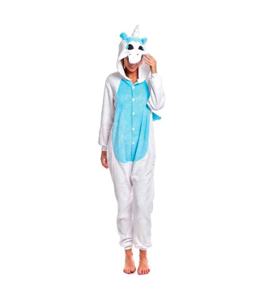 Disfraz, pijama unicornio, fibra sintética, incluye mono con capucha, carnaval, halloween, cosplay, fiestas, adulto unisex, blanco y azul, talla M