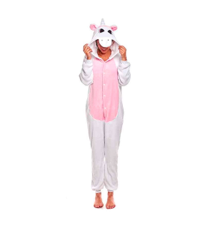 Tradineur - Disfraz unicornio, pijama, fibra sintética, incluye mono con capucha, carnaval, Halloween, cosplay, fiestas, adulto unisex, talla M, Rosa/Fucsia