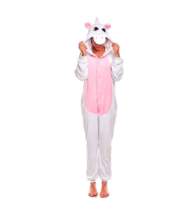 Tradineur - Disfraz unicornio, pijama, fibra sintética, incluye mono con capucha, carnaval, Halloween, cosplay, fiestas, adulto unisex, talla M, Rosa/Fucsia