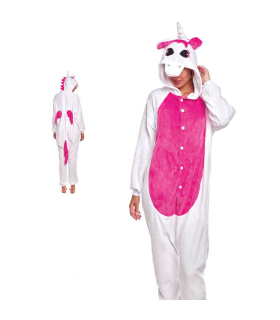 Tradineur - Disfraz unicornio, pijama, fibra sintética, incluye mono con capucha, carnaval, Halloween, cosplay, fiestas, adulto unisex, talla M, Rosa/Fucsia