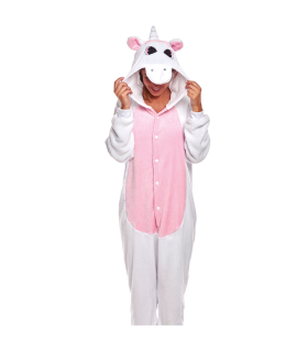 Tradineur - Disfraz unicornio, pijama, fibra sintética, incluye mono con capucha, carnaval, Halloween, cosplay, fiestas, adulto unisex, talla M, Rosa/Fucsia