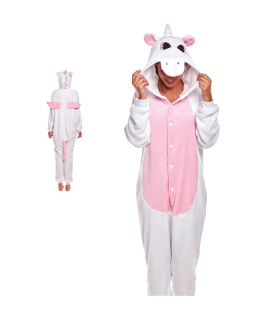 Tradineur - Disfraz unicornio, pijama, fibra sintética, incluye mono con capucha, carnaval, Halloween, cosplay, fiestas, adulto unisex, talla M, Rosa/Fucsia