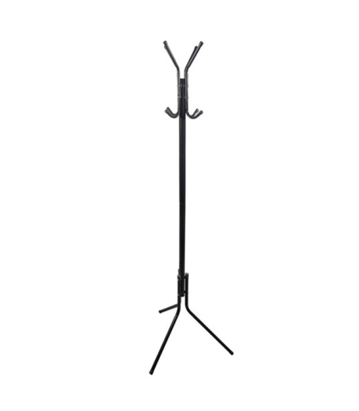 Perchero de pie metálico negro 8 ganchos 170 x 48 cm. Soporte para abrigos y sombreros, estilo minimalista, para recibidor u oficina