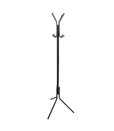 Perchero de pie metálico negro 8 ganchos 170 x 48 cm. Soporte para abrigos y sombreros, estilo minimalista, para recibidor u oficina