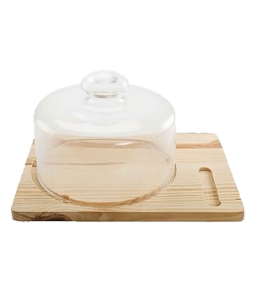 Tradineur - Quesera redonda con tapa fabricada en vidrio y base de madera rectangular - Recipiente para conservar queso o embutidos - Base de 36 x 26 cm - Ø 22 cm