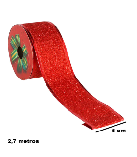 Tradineur - Pack de 3 cintas de navidad con glitter, poliéster, purpurina brillante, decoración árbol navideño, envolver regalos, adornos, manualidades - 5 cm x 2,7 m - Color aleatorio