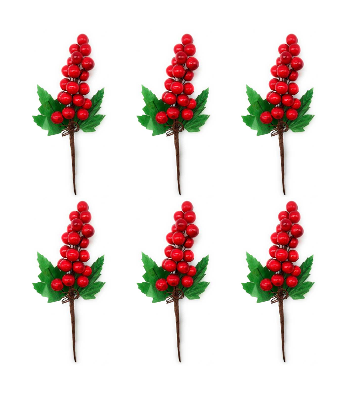 Tradineur - Pack de 6 ramos de acebo con bayas rojas, espuma de poliestireno, decoración festiva, adornos Navidad, árbol, jarrones, 20 cm