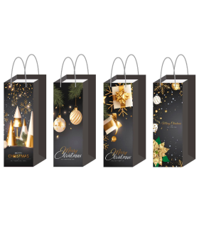 Tradineur - Pack de 12 bolsas de papel decoradas para botella de vino, Ref. 17201, asas de cuerda, guardar, regalar, envolver champán, Navidad, 36 x 12,5 x 8,5 cm, diseños aleatorios