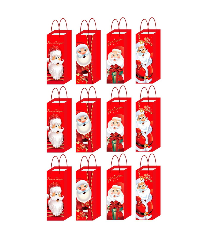 Tradineur - Pack de 12 bolsas de papel decoradas para botella de vino, Ref. 17300, asas de cuerda, guardar, regalar, envolver champán, Navidad, 36 x 12,5 x 8,5 cm, diseños aleatorios