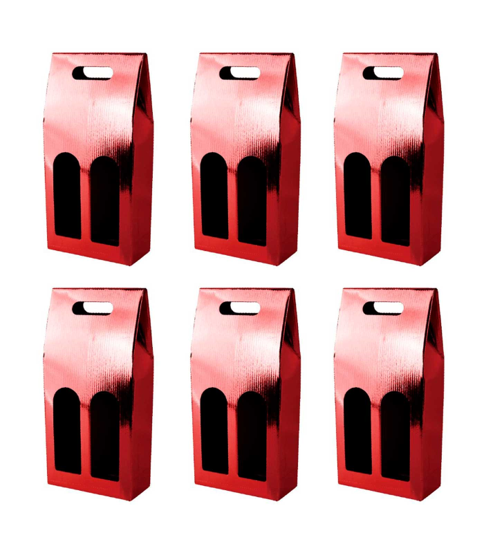 Tradineur - Pack de 6 cajas plegables de cartón con ventanas para 2 botellas de vino, incluyen asa, guardar, regalar, envolver champán, Navidad (Rojo brillo - 36 x 23 x 8,5 cm)