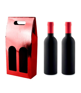 Tradineur - Pack de 6 cajas plegables de cartón con ventanas para 2 botellas de vino, incluyen asa, guardar, regalar, envolver champán, Navidad (Rojo brillo - 36 x 23 x 8,5 cm)