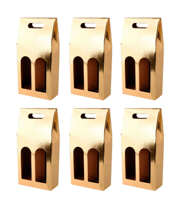 Tradineur - Pack de 6 cajas plegables de cartón con ventanas para 2 botellas de vino, incluyen asa, guardar, regalar, envolver champán, Navidad (Dorado brillo - 36 x 23 x 8,5 cm)