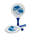 Tradineur - Set de 2 palas de playa con pelota, fabricado en madera, Para todas las edades. Diseño en color blanco y azul. 38 x 23,5 cm