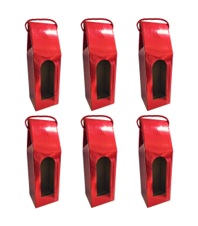 Tradineur - Pack de 6 cajas plegables de cartón para botella de vino, incluye asa de cuerda, guardar, regalar, envolver champán, Navidad (Rojo brillo - 36 x 12,5 x 8,5 cm)